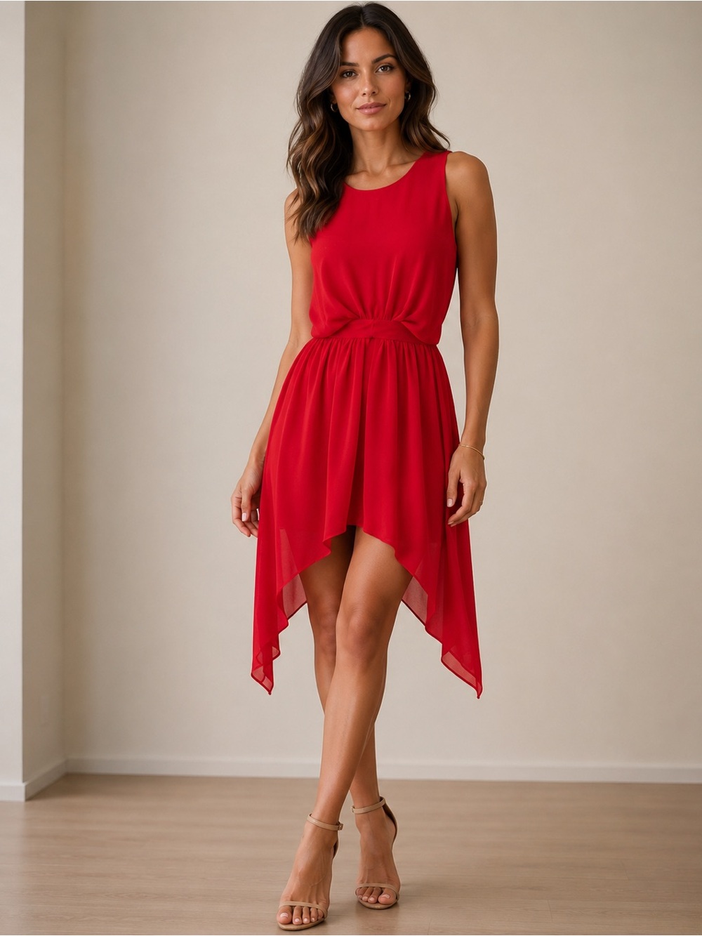 BCBGeneration Red Sleeveless High-Low Handkerchief Hem Dress